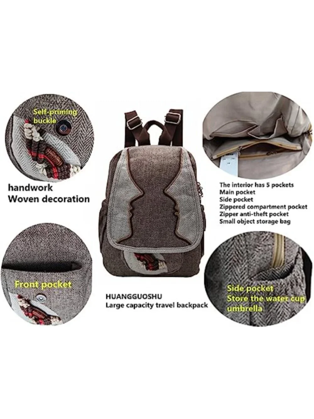 Women's Cotton Hemp Canvas Backpack, Boho Handwoven Embroidery, Adjustable